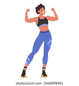 Enthusiastic Female Bodybuilder Flexing Her Muscles Confidently. She Stands In A Dynamic Pose, Wearing Modern, Colorful Sportswear That Exemplifies Strength, Fitness, Health, And Wellbeing, Vector