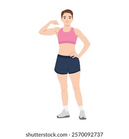 Enthusiastic Female Bodybuilder Flexing Her Muscles Confidently. Flat vector illustration isolated on white background