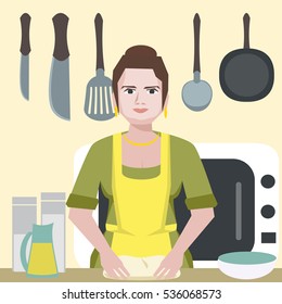 enthusiastic funny woman character at kitchen