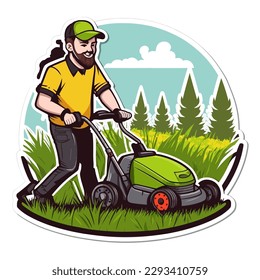 Un jardinero entusiasta airea el césped con un cultivador. El concepto de jardinería. Ilustración vectorial de dibujos animados. etiqueta, pegatina, impresión de camisetas