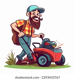 An enthusiastic gardener aerates the lawn with a cultivator. Gardening concept. Cartoon vector illustration. label, sticker, t-shirt printing