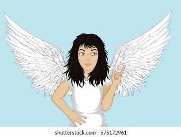 Enthusiastic girl angel with beautiful wings smiling and showing thumbs up. New idea. Vector illustration in pop art style on a blue background. Empty space for your advertising