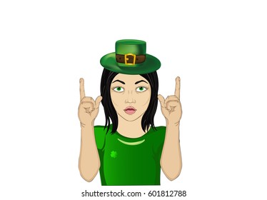 Enthusiastic girl in hat for St. Patrick's Day holiday. Hands show thumbs up. New idea. Vector. Empty space for advertising.  