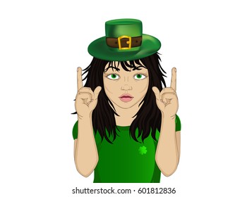 Enthusiastic girl in hat for St. Patrick's Day holiday. Hands show thumbs up. New idea. Vector. Empty space for advertising.  