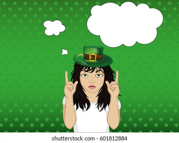 Enthusiastic girl in hat for St. Patrick's Day holiday. Hands show thumbs up. New idea. Vector. Empty space for advertising. Thought Bubbles