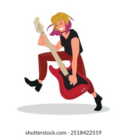 begeisterte Mädchen spielen Gitarre und Springen, Rocker-Mädchen, Vektorgrafik.