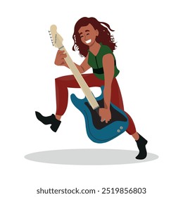 enthusiastic girl playing guitar and jumping, rocker girl, vector illustration