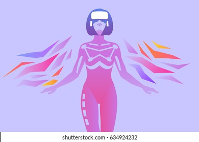 Enthusiastic girl in virtual reality. Vector illustration