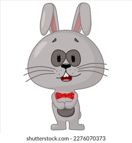 An enthusiastic gray rabbit decorated with a red bow. Vector illustration.