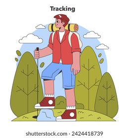 Enthusiastic Hiking Adventure. A hiker with gear treks confidently across the countryside, enjoying the lush green landscape and fresh air. Outdoor exploration. Flat vector illustration