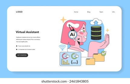 Enthusiastic individual explores AI capabilities, uploading data to cloud. Virtual assistant magnifies insights while analyzing charts on tablet. Fusion of creativity and tech. vector illustration.