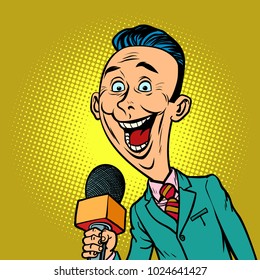 enthusiastic joyful reporter correspondent journalist male. television and radio, Internet broadcasting. Comic book cartoon pop art retro vector illustration drawing