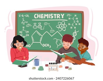 Los Entusiastas Personajes Infantiles Exploran La Química En Un Aula, Mezclan Pociones Y Realizan Experimentos Con Beakers, Fomentando El Amor Por La Ciencia Y El Descubrimiento. Ilustración de vectores de personas de caricatura