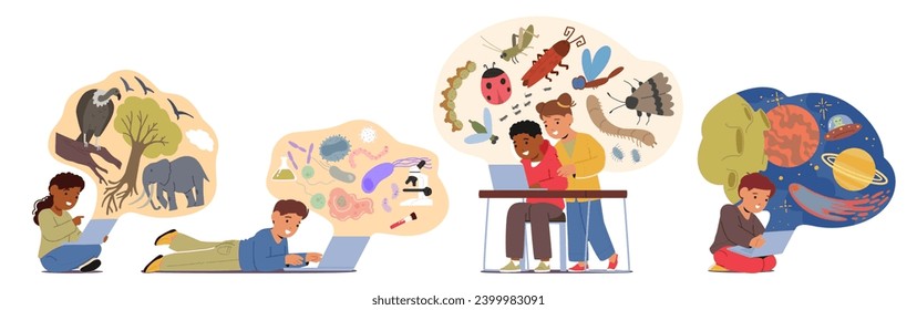 Enthusiastic Kids Engage In Educational Pursuits, Huddled Around Laptops, Absorbing Knowledge And Fostering A Love For Learning In A Technology-driven Classroom. Cartoon People Vector Illustration