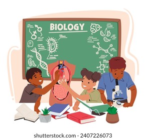 Enthusiastic Kids Engage In Hands-on Learning, Exploring The Intricacies Of Anatomy And Biology In A Classroom, With Models, Charts, And A Contagious Sense Of Curiosity. Cartoon Vector Illustration