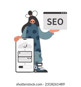 Die begeisterte Dame hält eine Informationswolke und einen Server. Auf weißem Hintergrund begrenzt. Trendy Style, Vektorgrafik