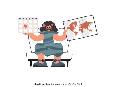 The enthusiastic lady holds a calendar and a organize of the world in his hands. Constrained on white foundation. Trendy style, Vector Illustration