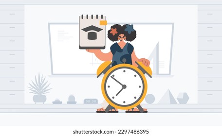 Enthusiastic lady with one of a kind and caution clock, learning subject. Trendy style, Vector Illustration