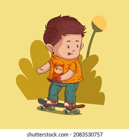 Enthusiastic little boy on skateboard. Cute vector illustration of lovely boy wearing yellow t-shirt, jeans and sneakers, riding his board. Child character, hipster kid, nice toddler, skater boy