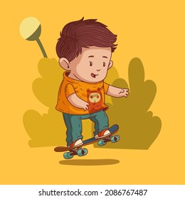 Enthusiastic little boy on skateboard. Cute vector illustration of lovely boy wearing a t-shirt, jeans and sneakers, showing tricks on his board. Child character, hipster kid, nice toddler, skater boy