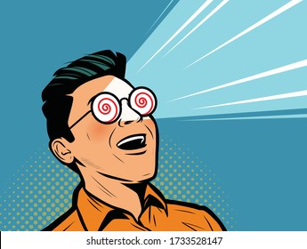 Enthusiastischer Mann mit Brille unter Hypnose. Retro Comic Pop Art Vektor Illustration