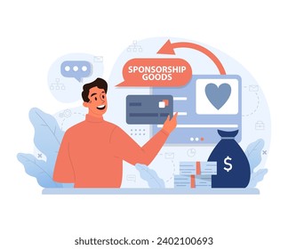 Hombre entusiasta presentando artículos de patrocinio a través de plataforma digital. Símbolo del corazón que indica iniciativas favoritas. Apoyo monetario listo para la asignación. Ilustración vectorial plana