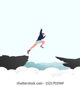 An enthusiastic man jumps across the top of the cliff. Brave man trying to achieve his goal. Achievement, goal, success, challenge, risk taking concept. Vector illustration