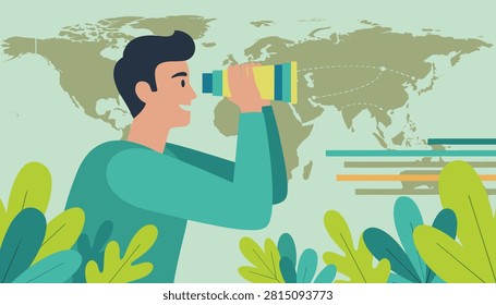 Enthusiastic man looks through a monocular telescope against a world map displaying international communication routes.
