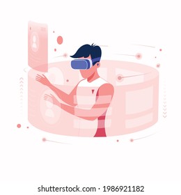 Enthusiastic man is using virtual reality glasses and touching virtual reality interface. vector illustration