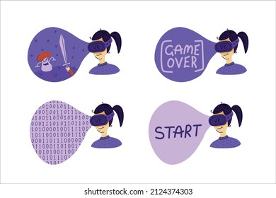 Enthusiastic man using virtual reality glasses and touching vr interface. Vector illustration