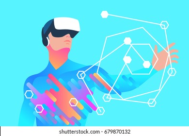 Enthusiastic man using virtual reality glasses and touching vr interface. Vector illustration