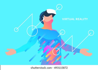 Enthusiastic man in virtual reality. Vector illustration