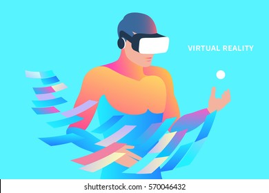 Enthusiastic man wearing virtual reality headset. Vector illustration