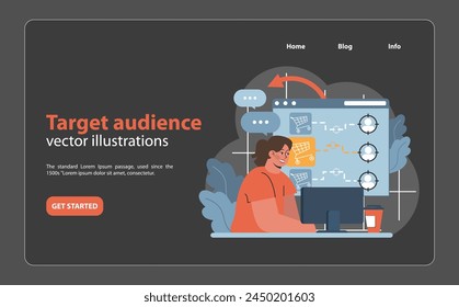 An enthusiastic marketer crafts targeted native advertising strategies, engaging a specific audience demographic with data-driven insights on a digital dashboard.