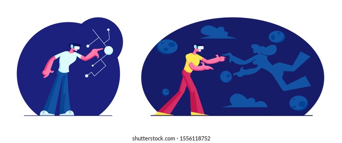 Enthusiastic Men Using Virtual Reality Glasses and Touching Vr Interface. Amazing Experience in Abstract Fantasy World. Augmented Reality and Futuristic Technologies. Cartoon Flat Vector Illustration