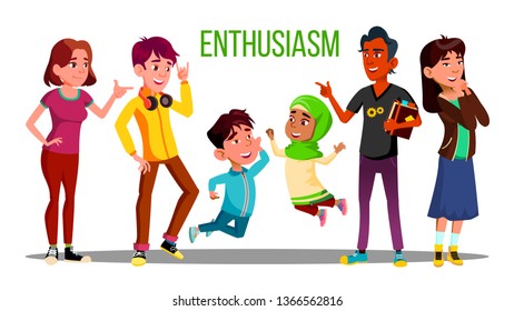 Enthusiastic Multiethnic Students, Adults, Children Vector Characters. Enthusiastic People Of Different Age, Race. Young Male Female Cartoon Teenagers. Arabic, European Kids Together Flat Illustration