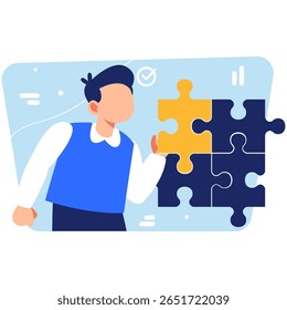 An enthusiastic new joiner fits puzzle pieces in place, symbolizing creative problem-solving and teamwork in a dynamic professional setting