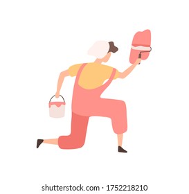 Enthusiastic painter guy holding paint roller and bucket vector flat illustration. Creative male in overalls and hat depict colorful image on wall standing on knee isolated on white