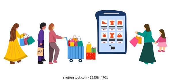 Enthusiastic people shopping online consisting of a mother and her child, young women, and a guy with shopping options displayed on the screen to celebrate new year.