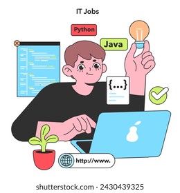 An enthusiastic IT professional with a penchant for Python and Java holds a glowing lightbulb, symbolizing the bright ideas powering today's tech job market