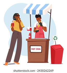 Enthusiastic Salesman Expertly Grills Hot Dogs, Generously Drizzling Mustard For A Zesty Kick At The Bustling Market Stall. Sizzling Aromas Lure In Hungry Passersby. Cartoon People Vector Illustration