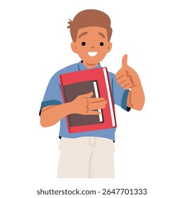 Entusiasta personagem de desenho animado escolar miniaturas aprovar sinal carregando livros didáticos para estudar retrato isolado. Aluno menino positivo desfrutando de educação no ensino fundamental ilustração vetorial