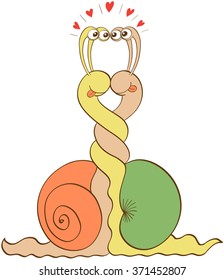 Enthusiastic snails in a love encounter, smiling, sticking their tongues out, staring at each other and intertwining their bodies while taking a vertical position and showing plenty of red hearts