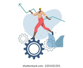 Enthusiastic staff working All personnel are the priority of the organization. Employees are the important cog that drives the company. Businesswoman walking on gears. 
Vector design illustration.