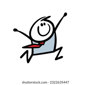 Enthusiastic stickman businessman runs merrily towards success. Vector illustration of a confident person. Hand drawn stick figure character isolated on white background.