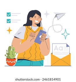 Enthusiastic user subscribes via phone, embracing opt-in marketing. Boosting engagement and expanding subscriber base with digital newsletters. Flat vector illustration