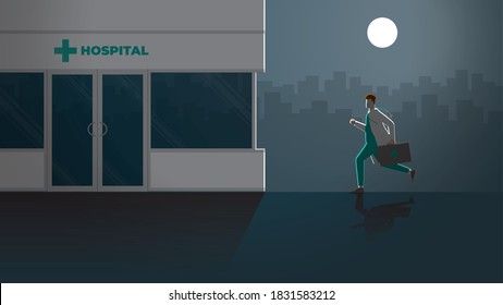 Enthusiastic vector concept. Responsibility doctor run to hospital at night outdoor. Rush hour medical lifestyle emergency case in dark and full moon light. Occupation of work hard overtime overwork.
