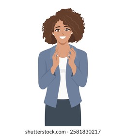 Enthusiastic Woman Clapping. Woman clapping her hands with a bright smile. Flat Vector character illustration