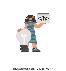 The enthusiastic woman is holding a browser window with a programming picture, and to boot standing near a monstrous light bulb. Pulled back on white establishment. Trendy style, Vector Illustration