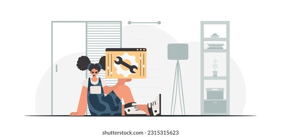 The enthusiastic woman is holding a browser window with gears. SEO and web analyzing point. Trendy style, Vector Illustration